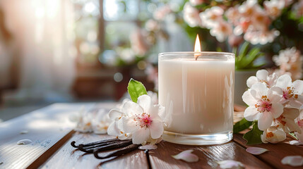 Mock up scented candle fills the air with soothing floral and vanilla aroma, surrounded by delicate blossoms and fragrant spices, creating a serene and inviting ambiance. Copy space