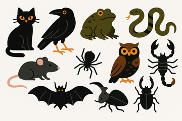 Obraz premium Set of Classic and Unusual Witch Familiar Icons in Halloween Flat Vector Style