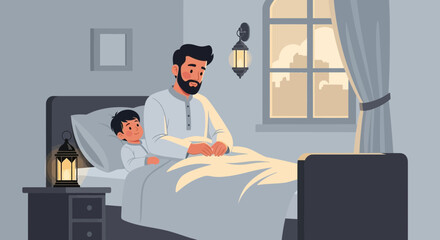 Dad And Son Reading Bedtime Story In The Evening Before Sleep Together