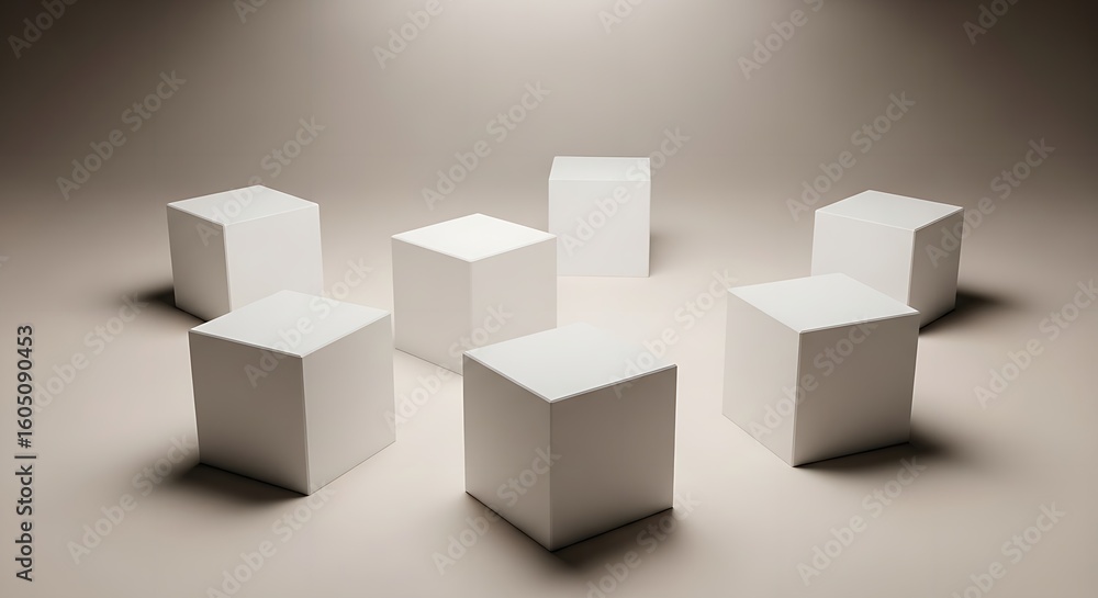 Poster seven white cubes arranged on a light surface with soft shadows creating a minimalist composition