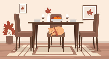 Autumnal Serenity Cozy Cat Napping on Chair Next to the Dining Table Indoors