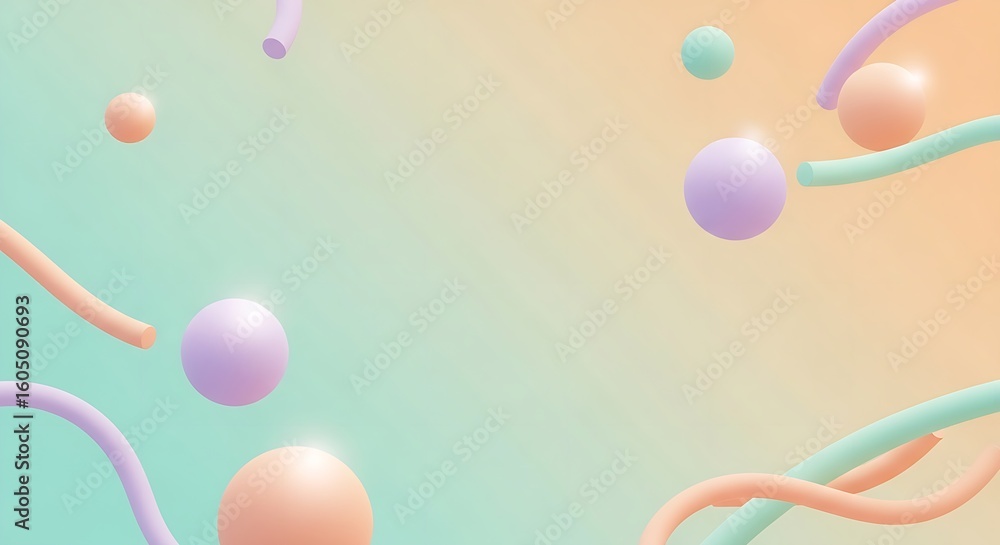 Poster pastel gradient background with floating spheres and curved tubes in a soft light environment