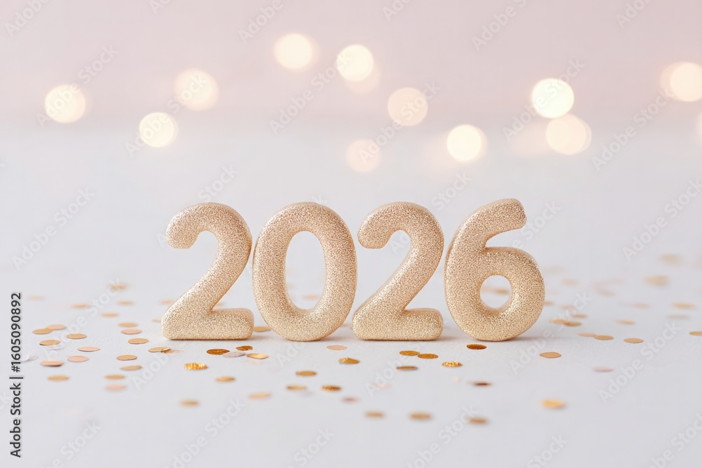 Poster flat lay of golden numbers forming 2026 on white surface with confetti and large copy space below