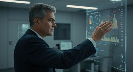 Business Executive Analyzing Financial Data on Transparent Interface
