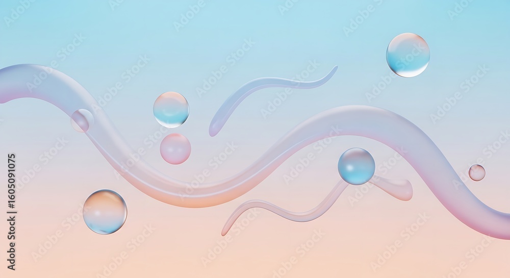 Poster floating spheres and curved shapes on a gradient background in pastel colors creating a soft aesthet