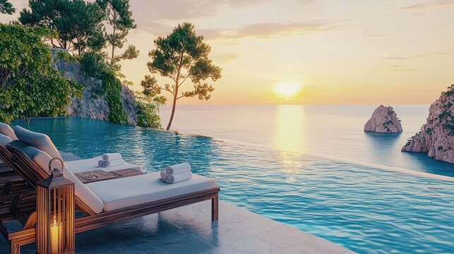 Coastal infinity pool with sun loungers at sunrise.