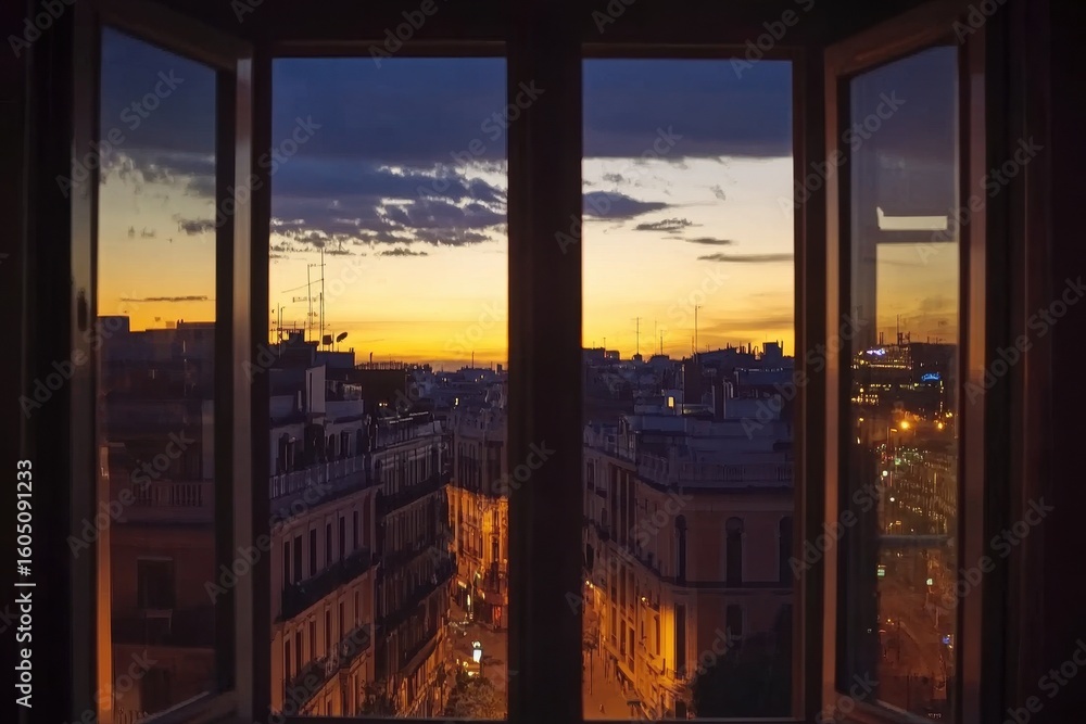 Poster view of madrid city at dusk from a window frame with a timelapse of day transitioning to night, madr