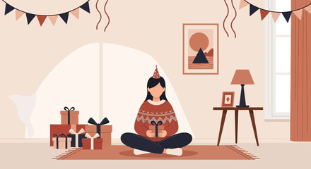 Enjoying Birthday Gifts In A Cozy Room Full Of Home Holiday Atmosphere