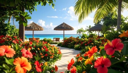 Exotic tropical garden, beachside view