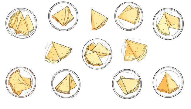 Hand-drawn illustration set of golden crepes. Thin pancakes folded into triangles, some served on plates. Sketchy style breakfast food collection.