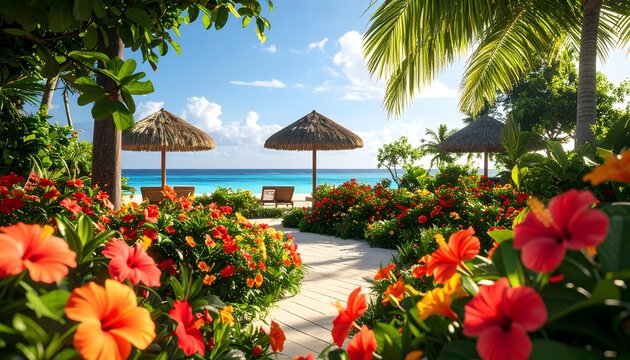 Exotic tropical garden, beachside view