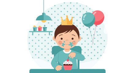 Birthday Boy Enjoys His Celebration With Cake Balloons And Party Decor