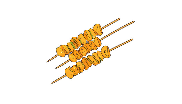 Cartoon illustration of three golden-brown grilled satay or kebab skewers.