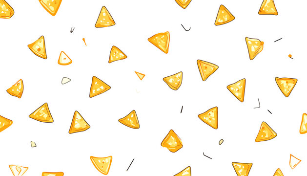 Playful pattern of scattered golden-yellow nacho tortilla chips with a glossy, cartoonish style.