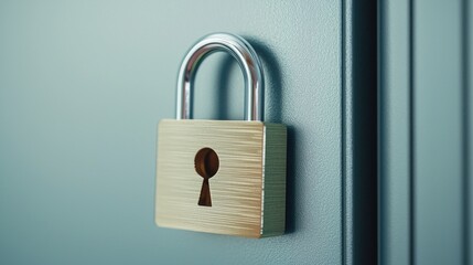 Naklejka premium A secure padlock attached to a door, symbolizing protection and safety in a modern environment.