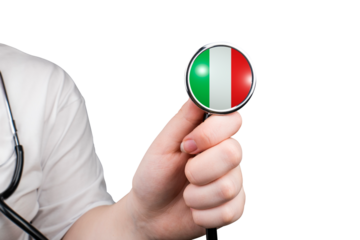The head of a medical stethoscope in the form of the Italian flag in a hand (close-up) on a transparent background. Italian healthcare system concept	