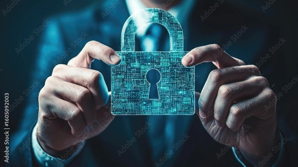 Poster a person holding a digital lock symbolizing cybersecurity and data protection in a modern technologi