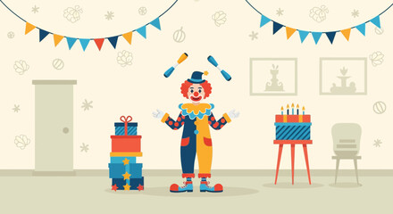 Clown Performs A Juggling Stunts At Children Party With Cake And Gifts
