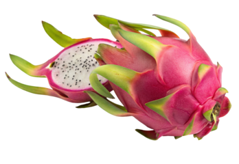 Close up of vibrant pink dragon fruit with bright green scales and white speckled interior
