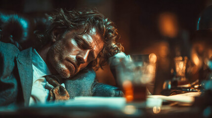 Fototapeta premium Exhausted businessman asleep at his desk in a dark office, symbolizing work stress, fatigue, and late-night overwork