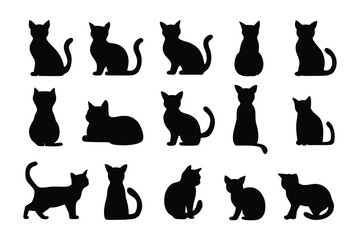 Collection of black cat silhouettes depicting various poses and actions in a clean white background