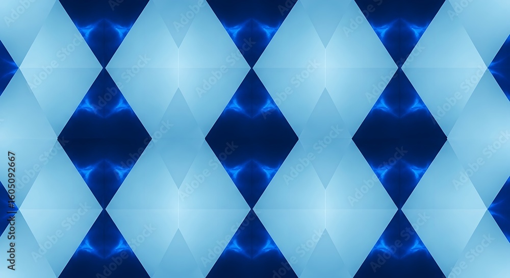 Poster a repeating pattern of light blue and dark blue diamond shapes with glowing edges and symmetrical de