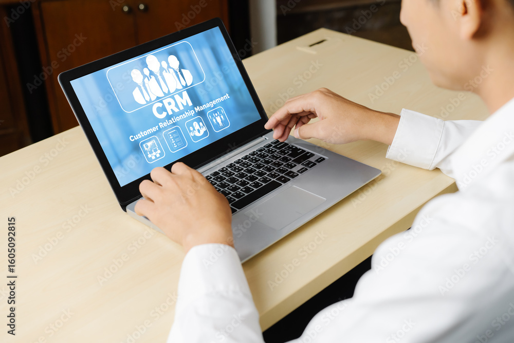 Poster customer relationship management system on modish computer for crm business and enterprise