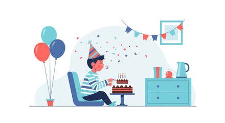 Boy Celebrates His Birthday Blowing Out Candles Surrounded By Decorations