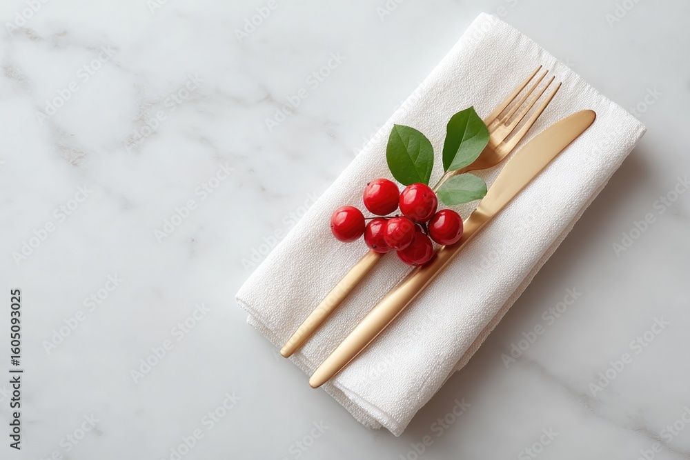 Aufkleber flat lay of neutral table setting with red berries white napkin and gold utensils space on right