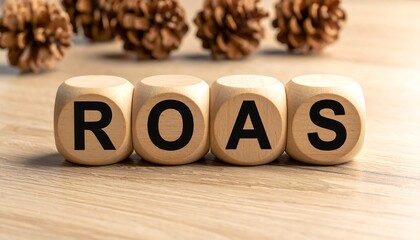 Wooden cubes spelling ROAS on a light wooden surface with pine cones in the background