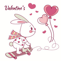 Silly Bunny with riding a skateboard, set in a charming Valentine theme – Valentine Blush color vector art