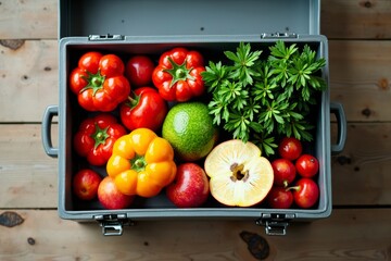 Vibrant display of fruits and veggies in an organized toolbox on a rustic wooden table