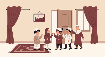 Delightful Gathering Of Muslim Children Celebrating Eid In A Warm And Cozy Home