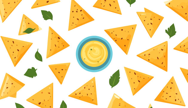Scattered triangular nacho chips with a central bowl of creamy cheese sauce and fresh herbs.