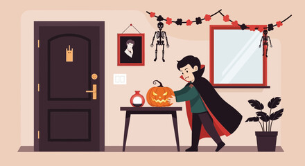 Delightful Halloween Scene Young Vampire Carving Pumpkin Preparing For Trick Or Treat