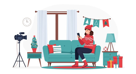 Content Creator Filming Christmas Blog With a Festive Decorated Home