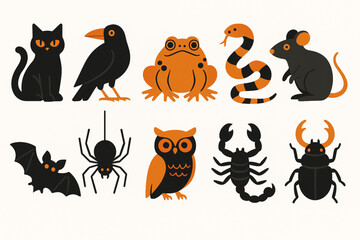 Set of Classic and Unusual Witch Familiar Icons in Halloween Flat Vector Style