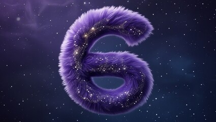 Celestial Typography: A Vibrant Purple Furry "6" Adorned with Stars, Floating in a Nighttime Scene