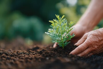 Fototapeta premium elderly hands planting seedling into rich soil promoting sustainability and hope concept