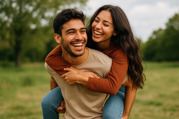 Happy couple piggybacking and laughing in nature