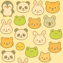 Obraz premium A cute pattern of various kawaii cartoon animal faces, including a panda, rabbit, cat, frog, and tiger on a yellow background.