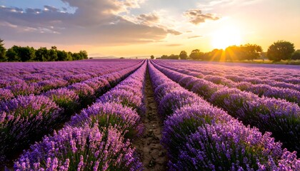 Naklejka premium Lavender field at sunset glows brightly.