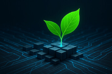Green leaf over futuristic digital server grid, representing eco-friendly cloud computing and green technology infrastructure