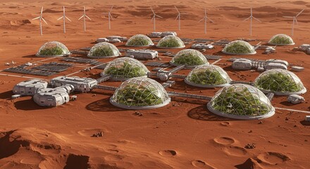 Mars Colony with Greenhouse Structures