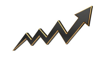 Black and gold 3D growth arrow graph chart pointing up. Isolated on transparent background, png