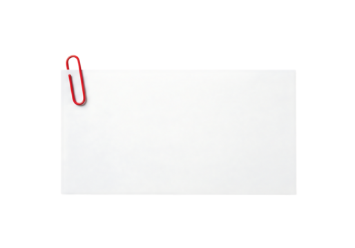 Blank white note card held by a red paperclip. Isolated on transparent background, png