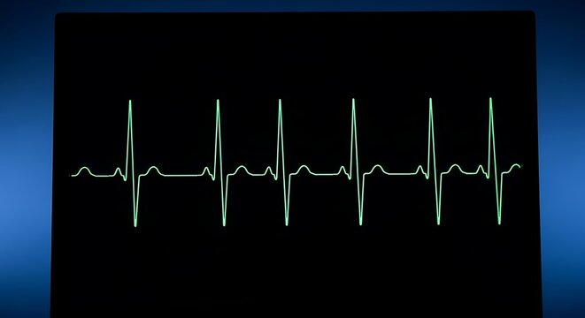 Close up of a green heart monitor displaying a regular rhythm on a black screen with blue border