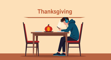 Fototapeta premium Digital Thanksgiving Disconnect A Man Listens To Music On His Phone