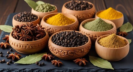 Fototapeta premium Assorted spices in decorative wooden bowls on a dark surface.