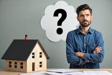 Confused Person with Question Mark Standing in Front of House Surrounded by Mortgage Documents